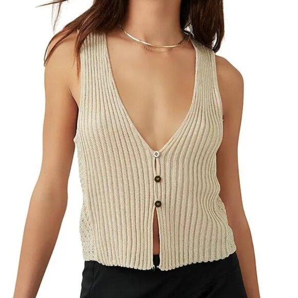 New Free People Seascape Vest in Conch Combo tan knit tank top - Picture 1 of 1